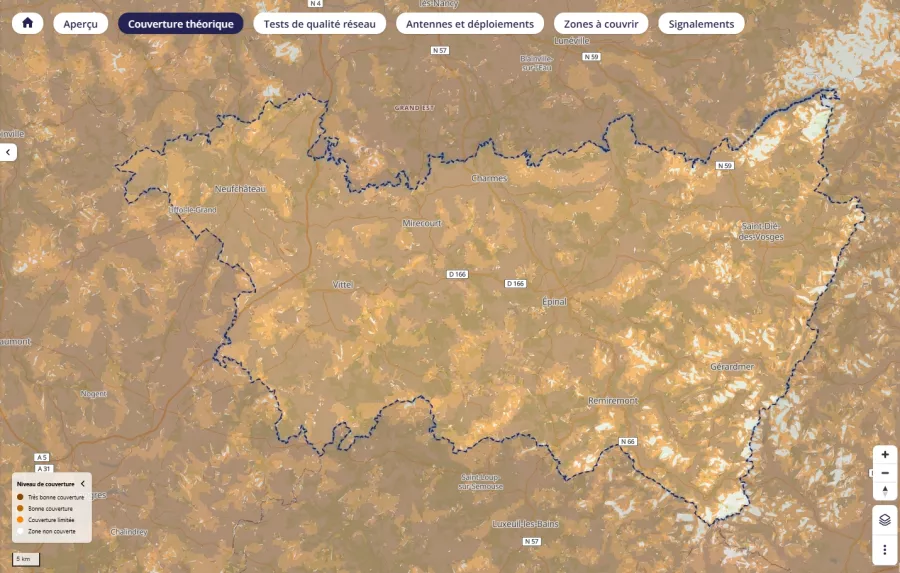 Carte de couverture 4G dans les Vosges par opérateur. Le massif vosgien apparaît nettement moins couvert que la plaine, avec de nombreuses zones blanches.
