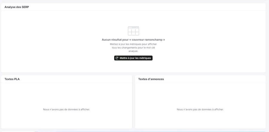 Capture d'écran Semrush affichant un volume mensuel non mesurable sur la requête « couvreur Ramonchamp »