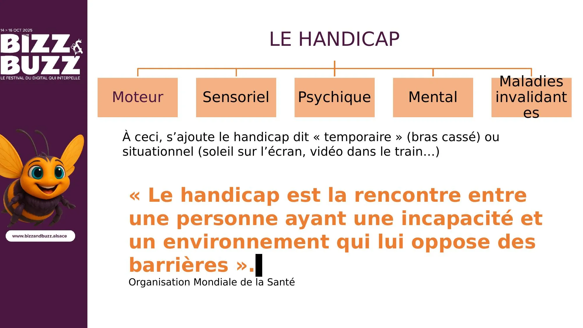 Le handicap se décline en cinq catégories : moteur (paralysies, amputations…), sensoriel (cécité, surdité…), psychique (dépression, troubles bipolaires…), mental (autisme, trisomie 21), cognitif (troubles dys, TDAH), et maladies invalidantes. L'OMS élargit la définition : « le handicap est la rencontre entre une personne ayant une incapacité et un environnement qui lui oppose des barrières. » Le problème n'est pas la personne, c'est l'environnement inadapté. S'y ajoutent les handicaps temporaires (bras cassé) et situationnels (soleil sur l'écran) : l'accessibilité nous concerne tous, à un moment ou un autre.