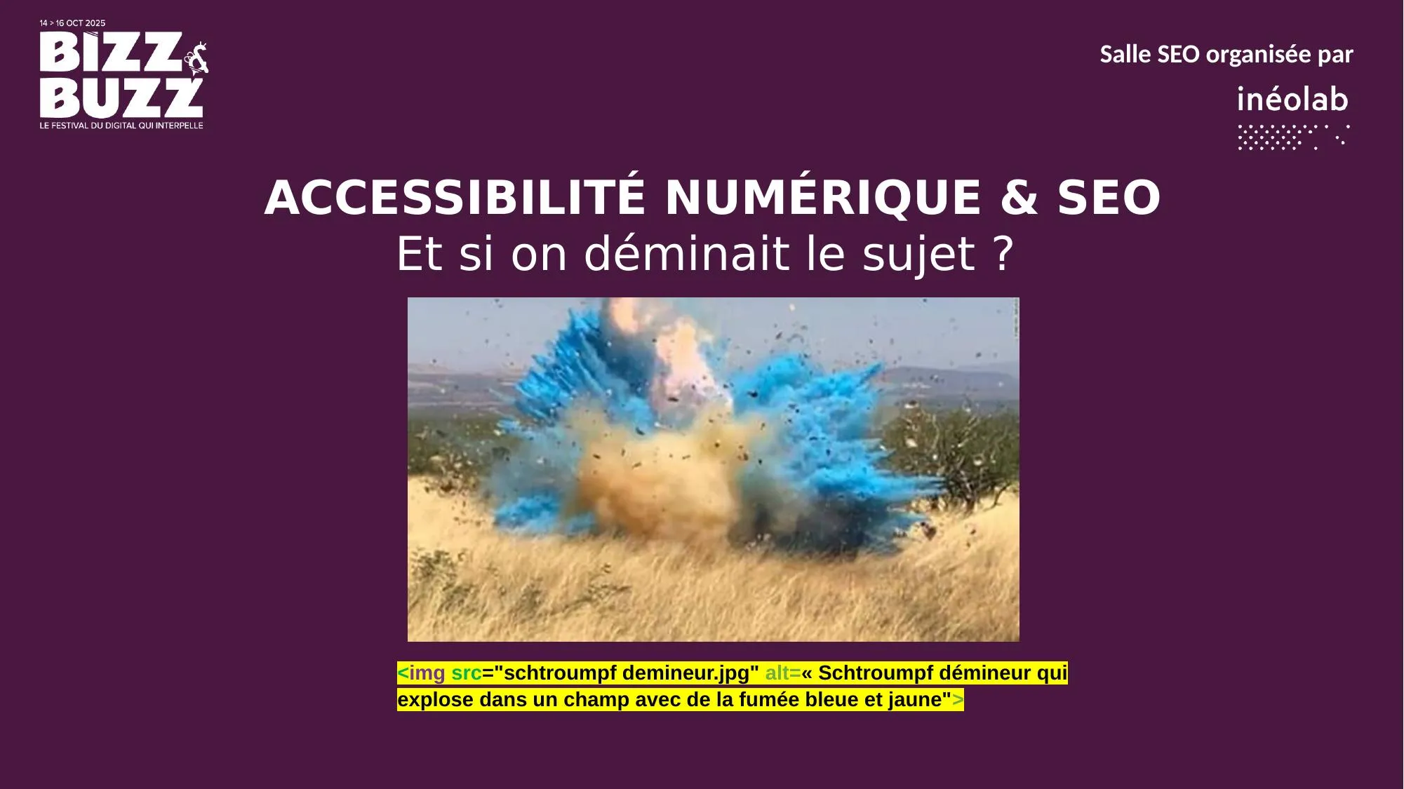 Accessibilité numérique et SEO : déminons le sujet. Les experts SEO et les experts accessibilité se sont longtemps regardés en chiens de faïence. Et pourtant, dans la pratique quotidienne, ils ont beaucoup plus en commun que de véritables oppositions. Photo illustrative : explosion dans un champ avec de la fumée bleue et jaune.
