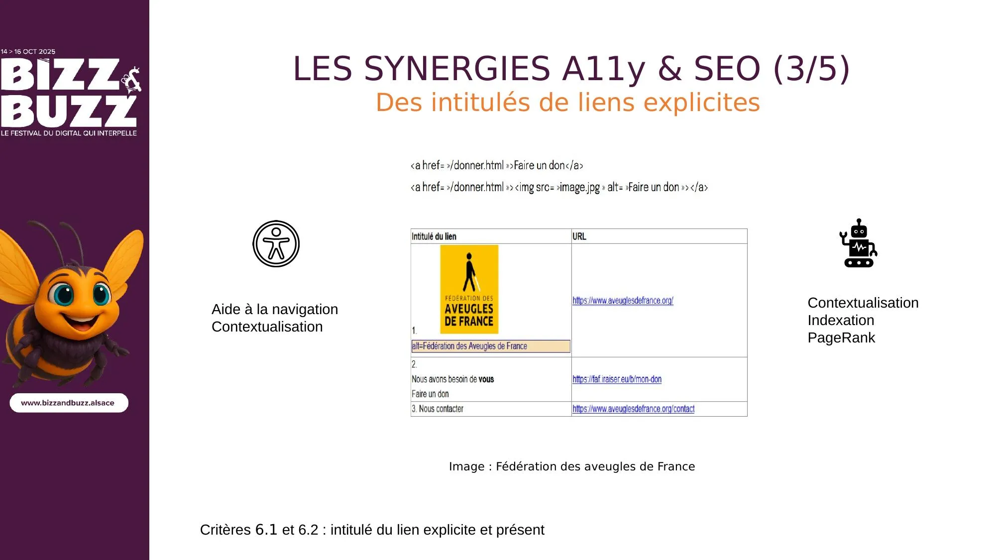 Troisième synergie : les intitulés de liens. Bannissez les « cliquez ici » ! Un utilisateur de lecteur d'écran navigue souvent de lien en lien, une liste de « cliquez ici » est totalement inutilisable. Le texte du lien doit décrire la destination : « Télécharger le rapport annuel 2025 » est explicite, « cliquez ici » ne veut rien dire. Pour le SEO, le texte d'un lien (l'ancre) est un signal fort envoyé à Google sur le sujet de la page de destination : il améliore la contextualisation et la circulation du PageRank. Critères RGAA 6.1 et 6.2.
