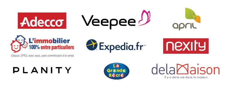 Logos références Murielle Germain rédactrice web : Nexity, April, Adecoo, Expedia, Planity, Delamaison, La grande récré, l'immobilier entre particulier 